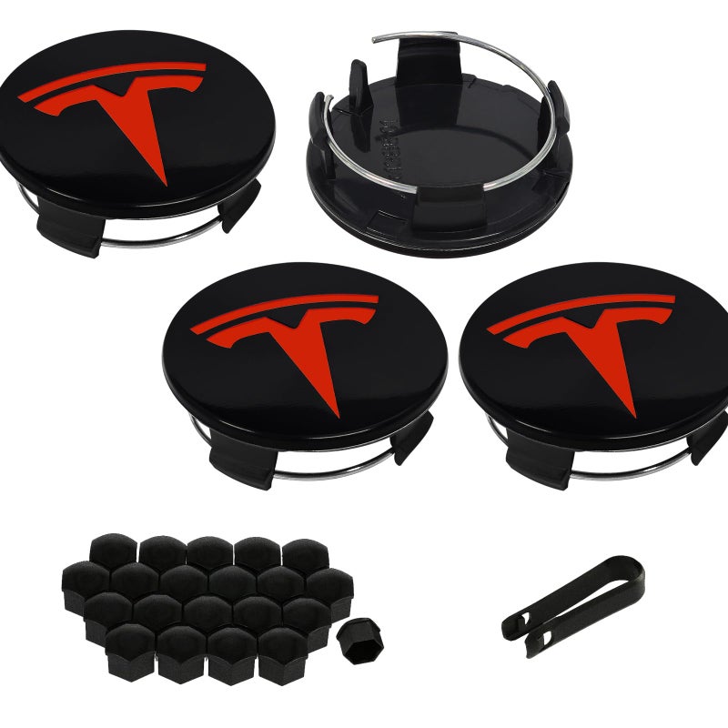 Knomix 4 عبوات من غطاء مركز عجلة الديكور الخارجي لطراز Tesla 3 Model Y، 56 مم Hubcaps عجلة حافة غطاء Tesla Center Caps Hubcaps+22 غطاء صامولة أسود (أسود لامع + شعار أحمر) - Image 1